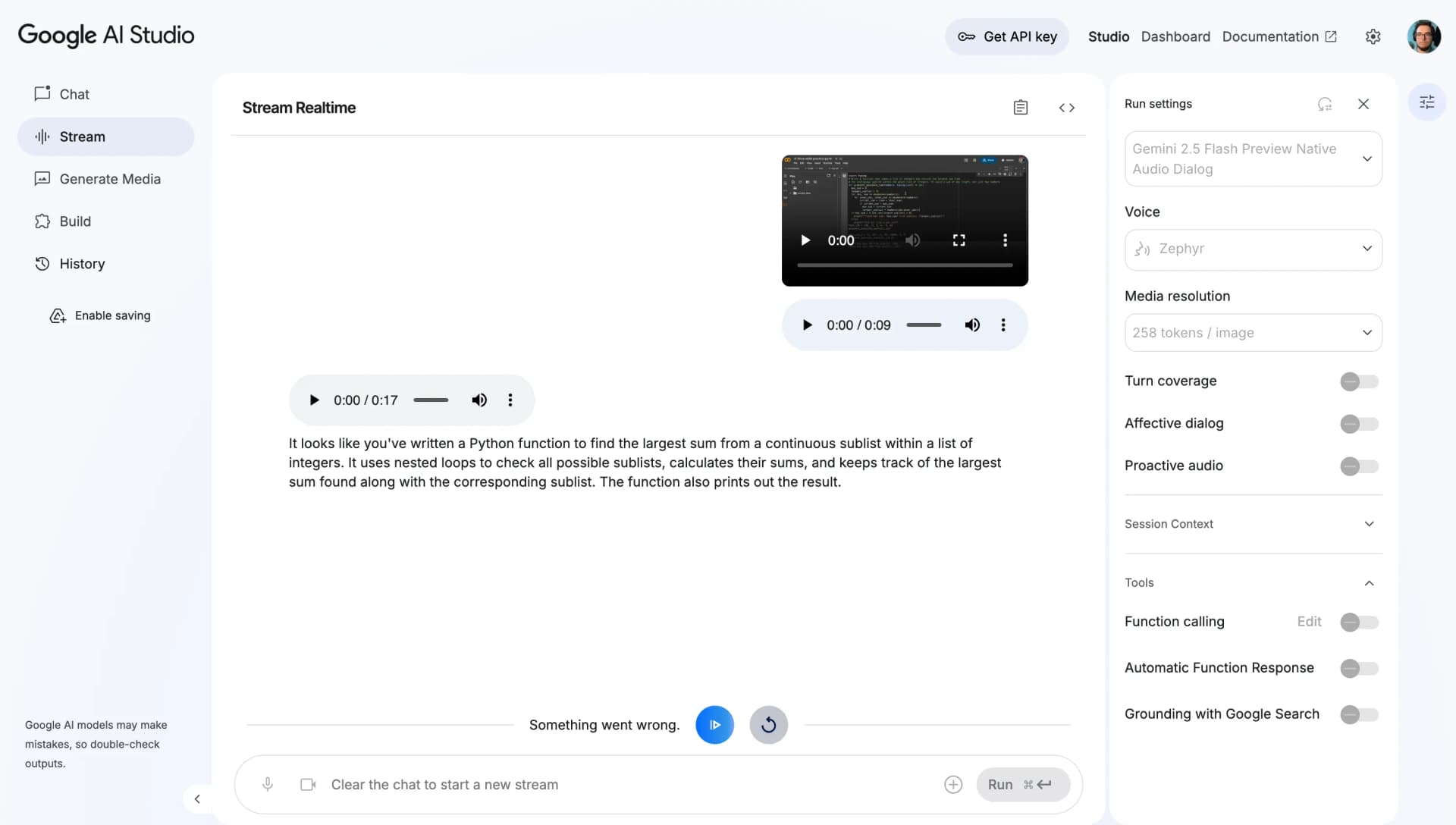 Google AI Studio interface showing the live stream feature with video call controls and chat interface